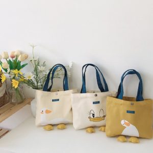 1PC Female's Canvas Handbags Cute Cartoon Yellow Duck Lunch Bag Casual Simple Tote Bags Women Fashion Bag