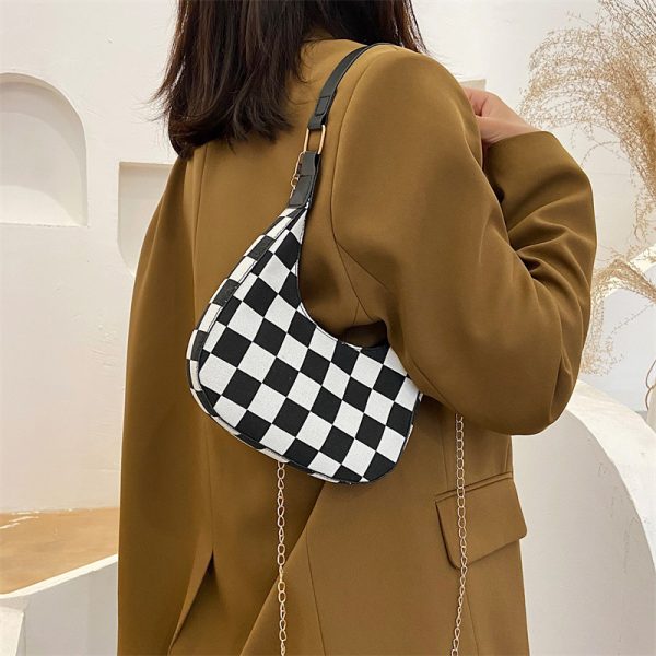 New Korean Version Houndstooth Grid Red Contrast Retro Chessboard Grid Staff Armpit Crescent Pouch Hand Shoulder Bag for Women - Image 2