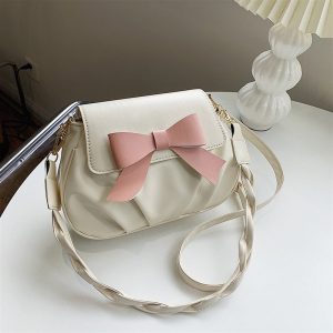 Shoulder Bag for Women Bow Solid Color Small Bag Women's Retro Fashion Pleated Casual Fashion Twist Shoulder Strap Diagonal Bag