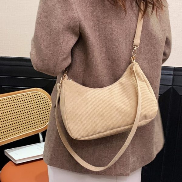 Solid Color Corduroy Women Shoulder Bag Luxury Designer Handbag Casual Crossbody Bags for Women 2022 New Zipper Messenger Bag - Image 6