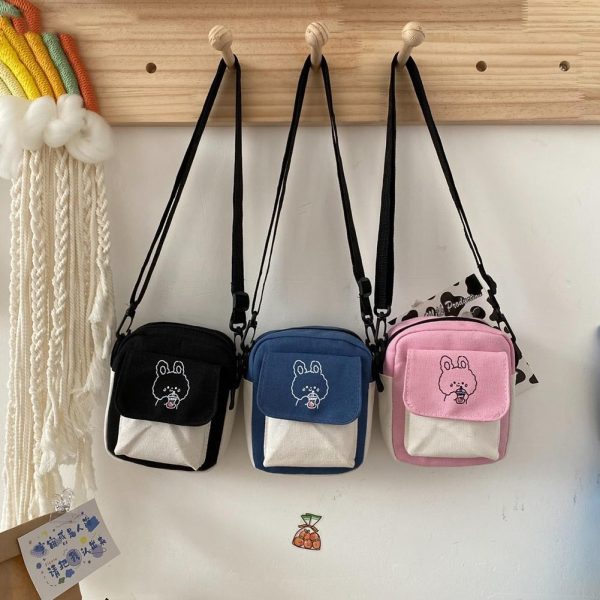 Women‘s Canvas Shoulder Bag Cartoon Printed Phone Messenger Bag Fashion Hit Color Flap Purse Casual Handbag Female Shopping Bag - Image 2