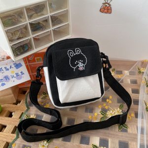 Women‘s Canvas Shoulder Bag Cartoon Printed Phone Messenger Bag Fashion Hit Color Flap Purse Casual Handbag Female Shopping Bag