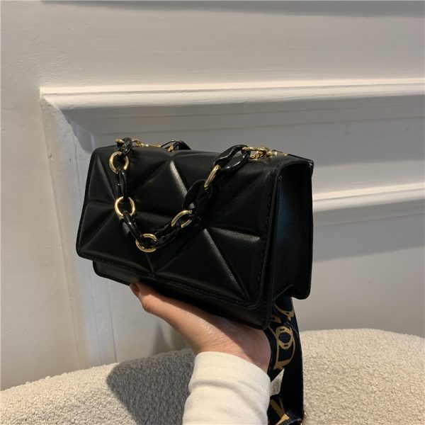Women's Messenger Bag New Fashion Diamond Chain Solid Color Trendy Texture Wide Shoulder Strap One Shoulder Bag Small Square Bag - Image 6