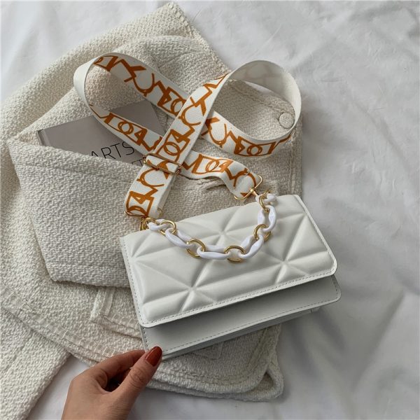 Women's Messenger Bag New Fashion Diamond Chain Solid Color Trendy Texture Wide Shoulder Strap One Shoulder Bag Small Square Bag