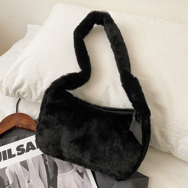 Women's Soft Plush Hobos Shoulder Bags Simple Design Winter Furry Ladies Clutch Purse Handbag Fashion Female Underarm Bag - Image 2