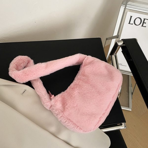 Women's Soft Plush Hobos Shoulder Bags Simple Design Winter Furry Ladies Clutch Purse Handbag Fashion Female Underarm Bag - Image 3