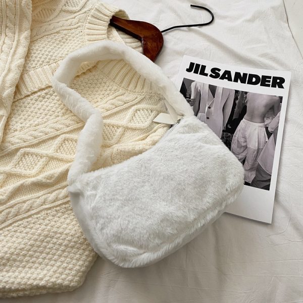 Women's Soft Plush Hobos Shoulder Bags Simple Design Winter Furry Ladies Clutch Purse Handbag Fashion Female Underarm Bag - Image 4