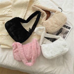 Women's Soft Plush Hobos Shoulder Bags Simple Design Winter Furry Ladies Clutch Purse Handbag Fashion Female Underarm Bag